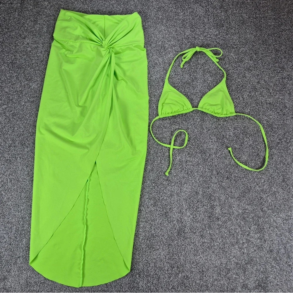SKIMS Swim Sarong Set Womens Small Neon Lime Green Skirt Triangle Top